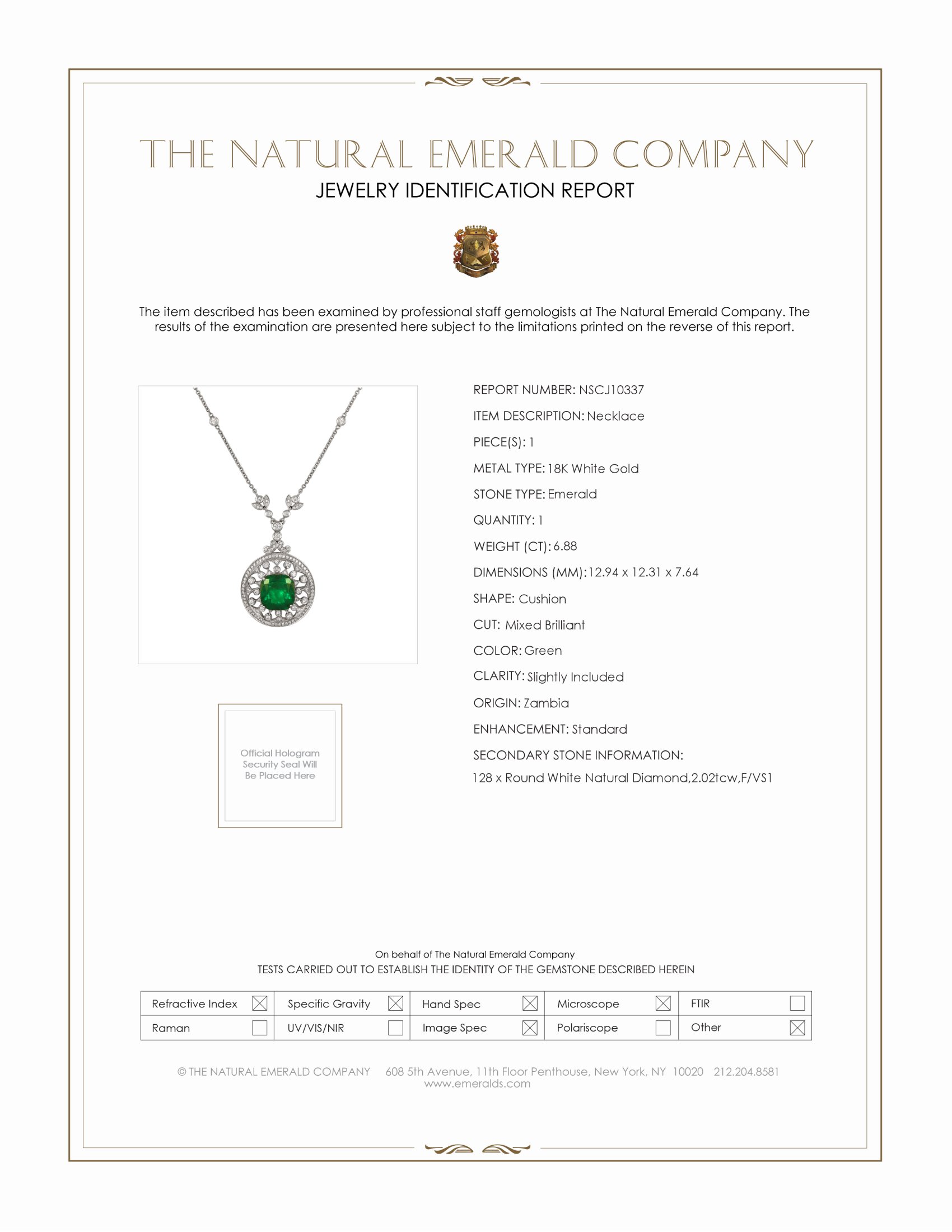 6.88 Ct. Emerald and Natural Diamond Antique Style Necklace, 18K White Gold