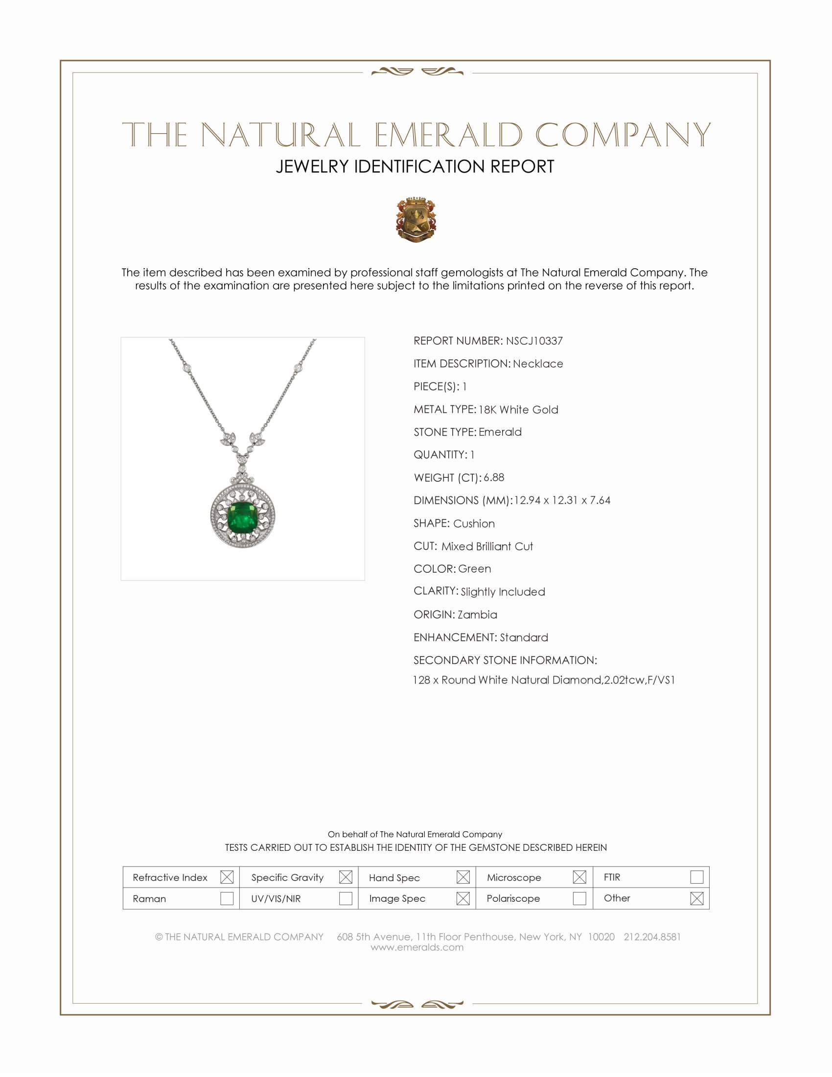 6.88 Ct. Emerald and Natural Diamond Antique Style Necklace, 18K White Gold