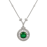 6.88 Ct. Emerald Natural Diamond Antique Style Necklace, 18K White Gold Video