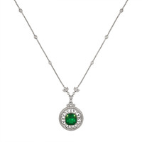 6.88 Ct. Emerald Natural Diamond Antique Style Necklace, 18K White Gold Image