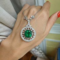 6.88 Ct. Emerald Natural Diamond Antique Style Necklace, 18K White Gold Life Style
