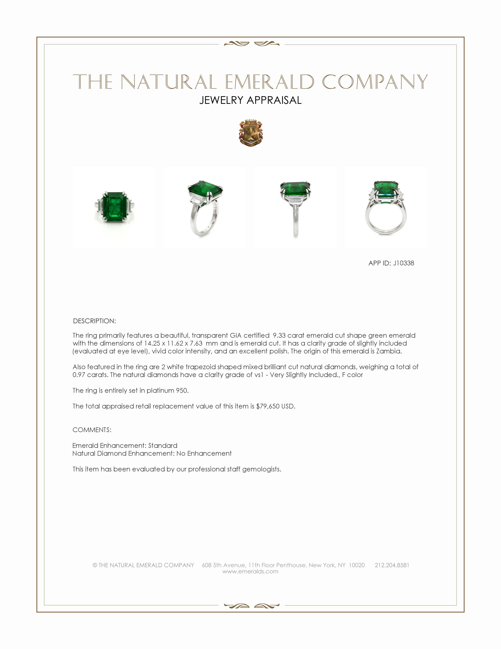 9.33 Ct. Emerald and Natural Diamond Three Stone Ring, Platinum 950