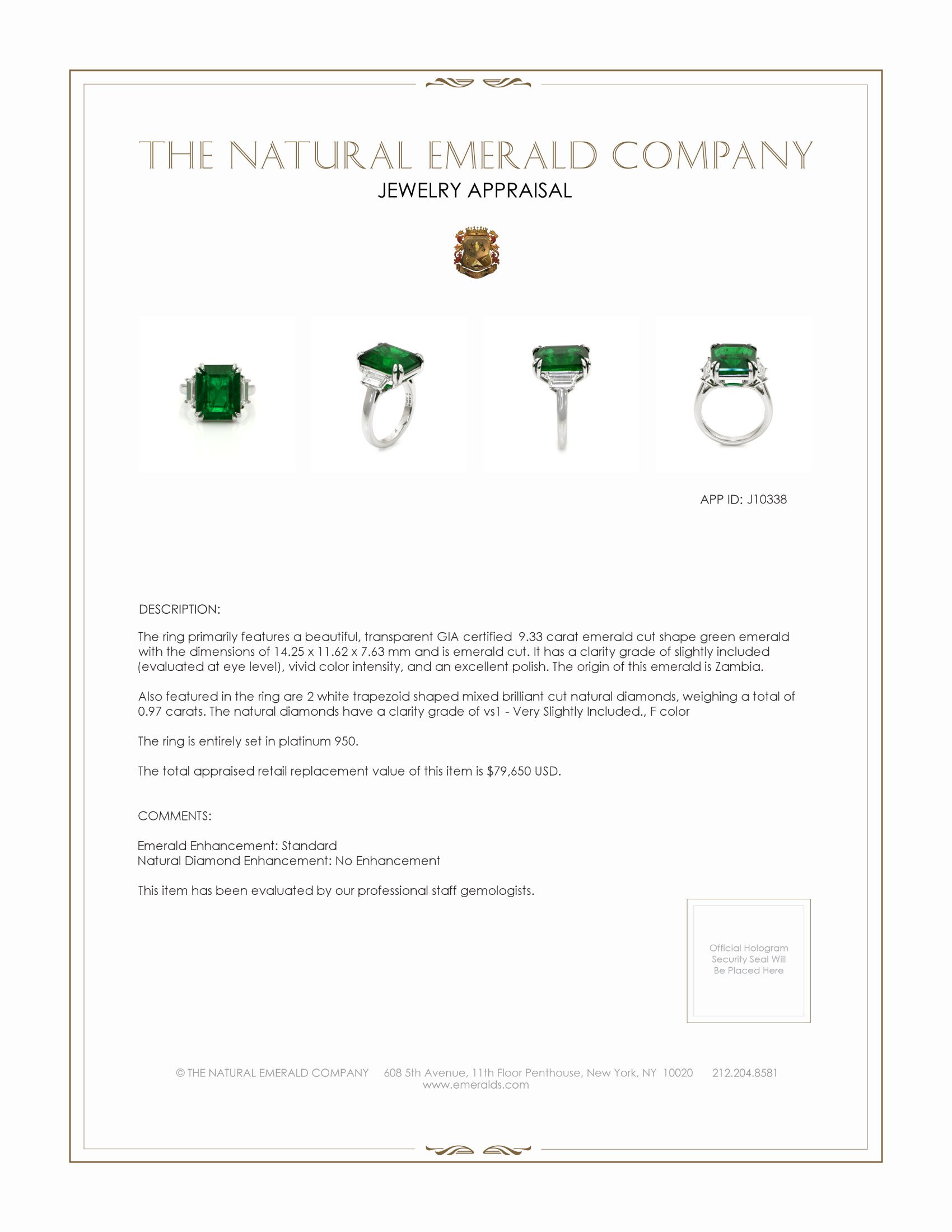 9.33 Ct. Emerald and Natural Diamond Three Stone Ring, Platinum 950