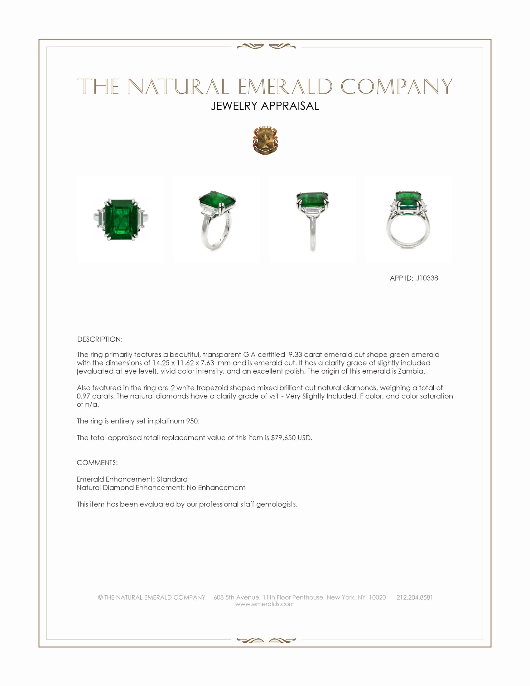 9.33 Ct. Emerald and Natural Diamond Three Stone Ring, Platinum 950