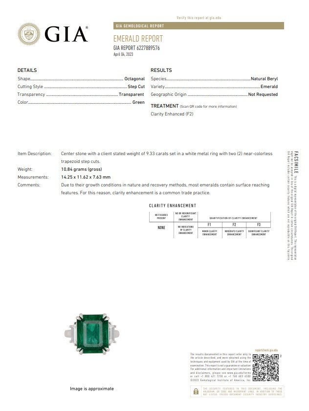 9.33 Ct. Emerald and Natural Diamond Three Stone Ring, Platinum 950
