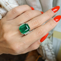 9.33 Ct. Emerald Natural Diamond Three Stone Ring, Platinum 950 Life Style
