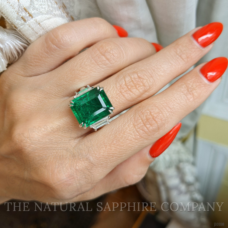 9.33 Ct. Emerald Natural Diamond Three Stone Ring, Platinum 950
