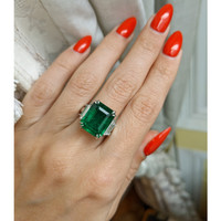 9.33 Ct. Emerald Natural Diamond Three Stone Ring, Platinum 950 Life Style