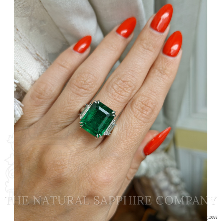 9.33 Ct. Emerald Natural Diamond Three Stone Ring, Platinum 950
