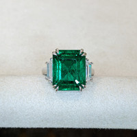 9.33 Ct. Emerald Natural Diamond Three Stone Ring, Platinum 950 Life Style