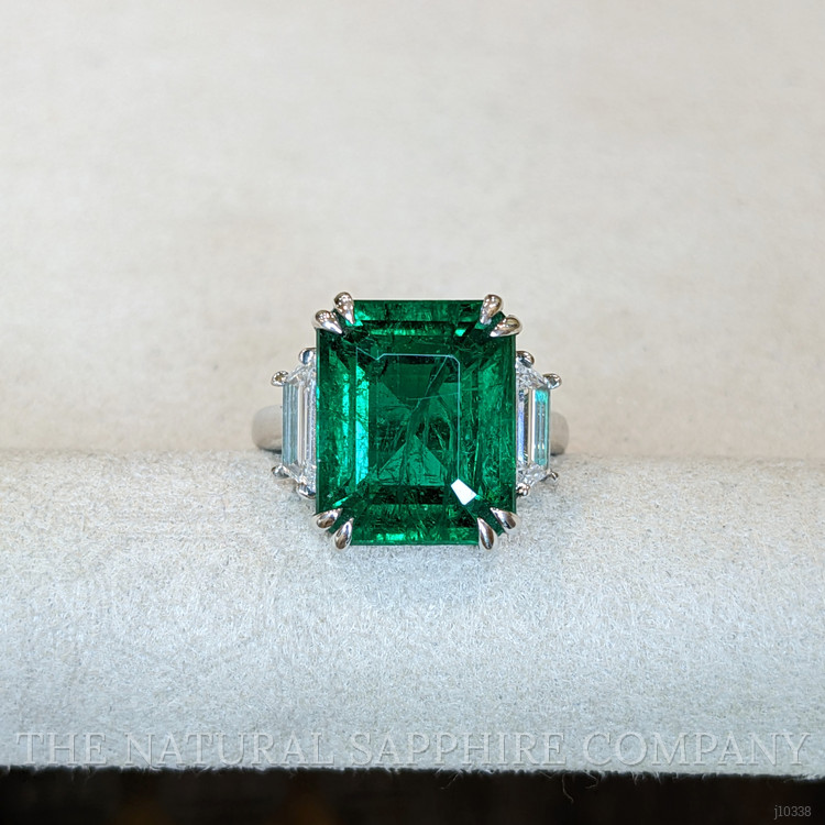 9.33 Ct. Emerald Natural Diamond Three Stone Ring, Platinum 950