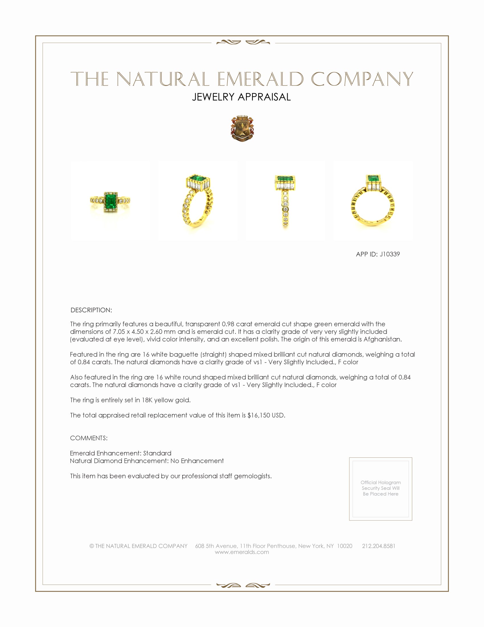 0.98 Ct. Emerald Natural Diamond Bezel Ring, 18K Yellow Gold