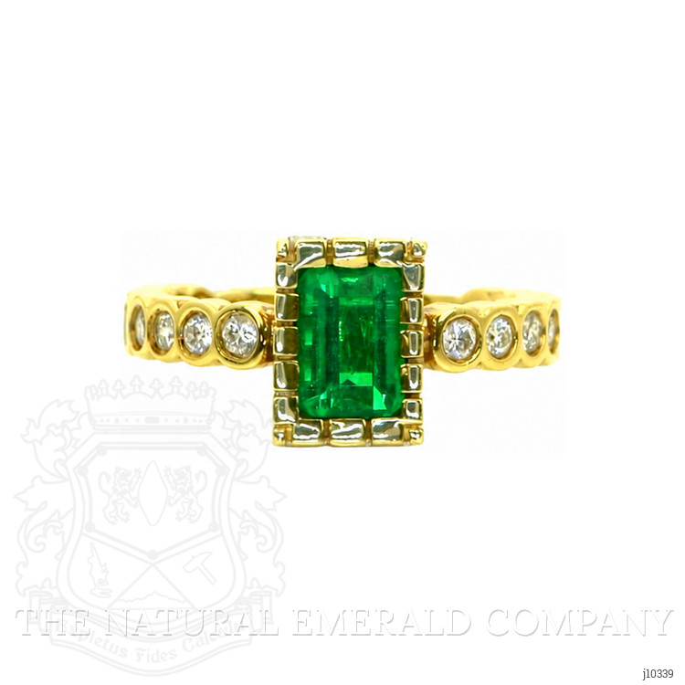0.98 Ct. Emerald and Natural Diamond Bezel Ring, 18K Yellow Gold
