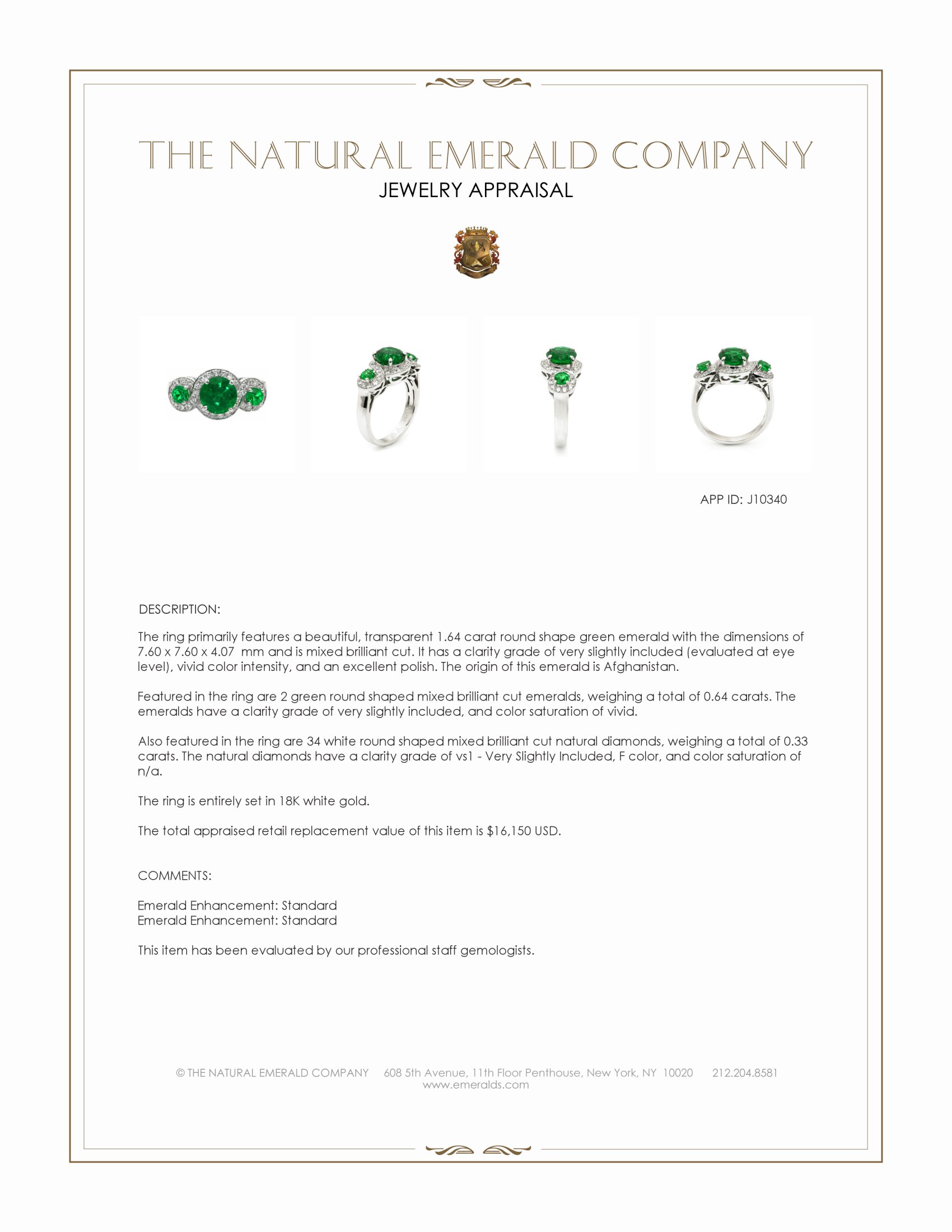 1.64 Ct. Emerald and Natural Diamond Three Stone Ring, 18K White Gold
