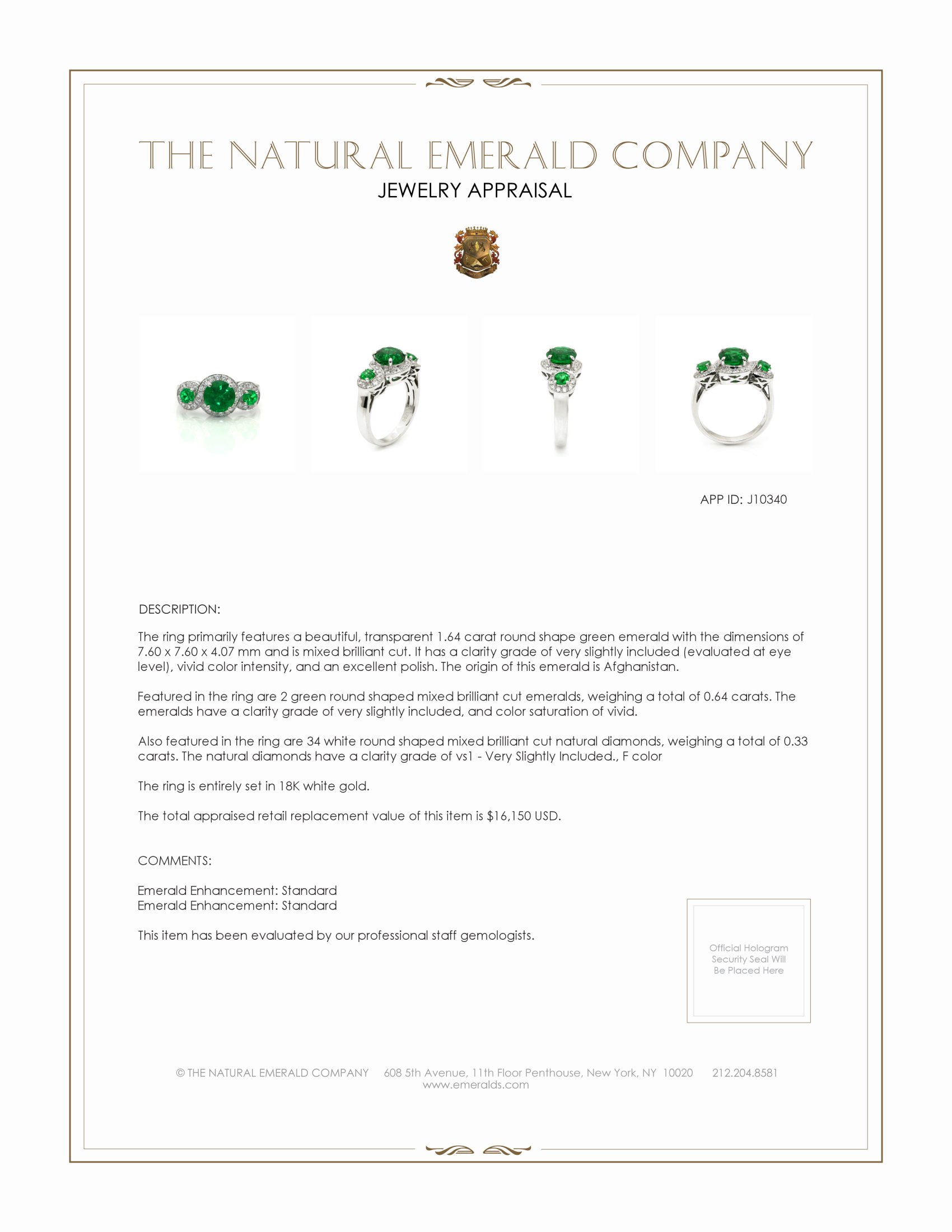 1.64 Ct. Emerald Emerald Three Stone Ring, 18K White Gold