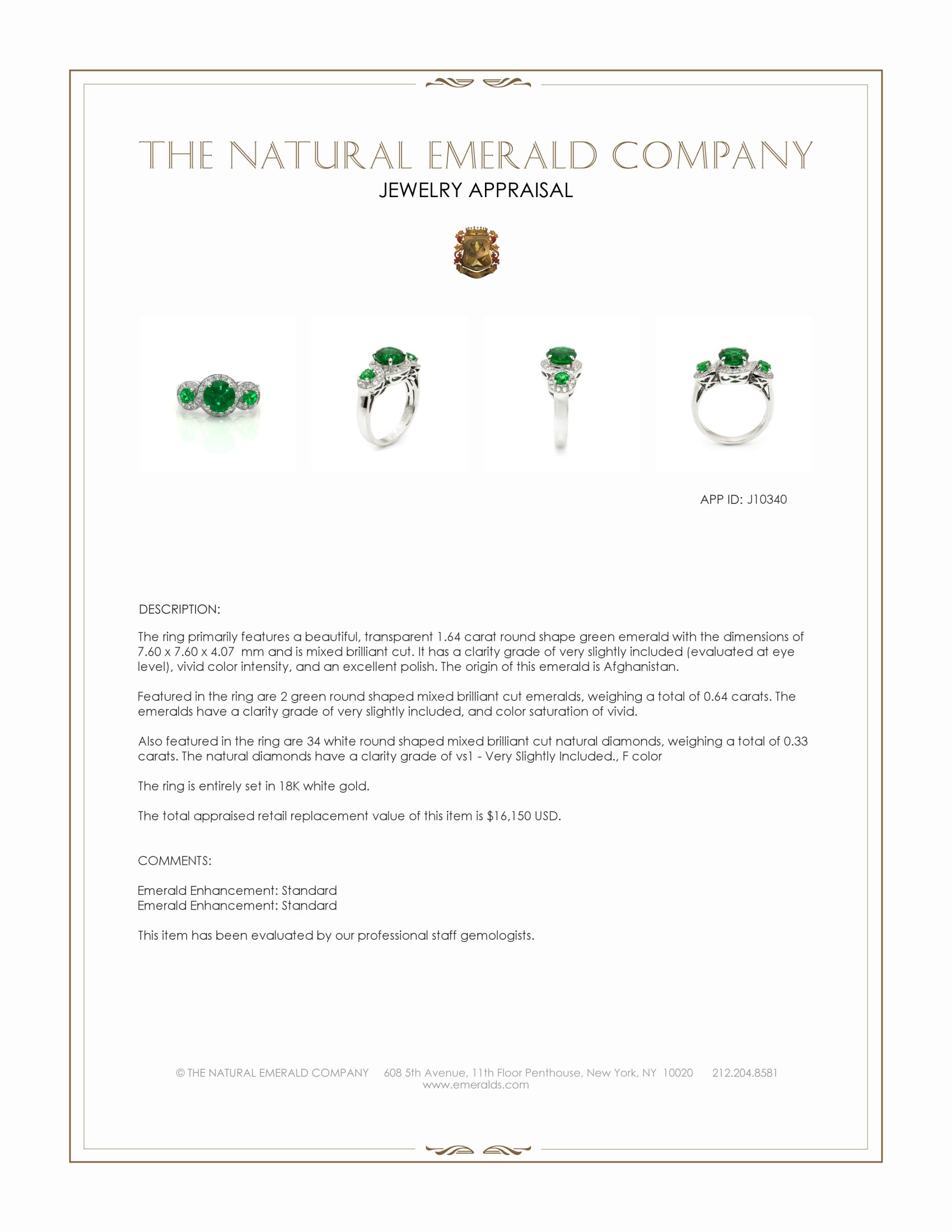 1.64 Ct. Emerald and Natural Diamond Three Stone Ring, 18K White Gold