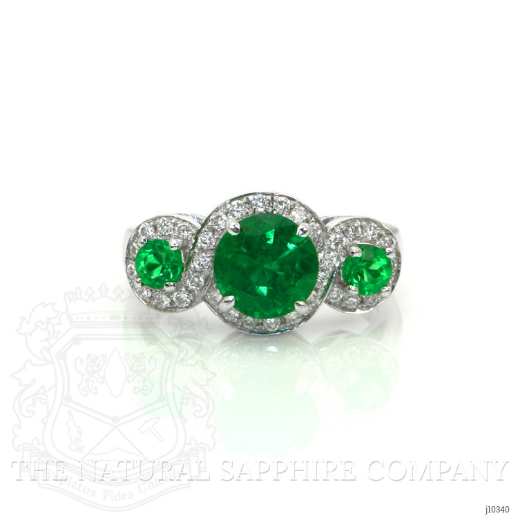 1.64 Ct. Emerald and Natural Diamond Three Stone Ring, 18K White Gold