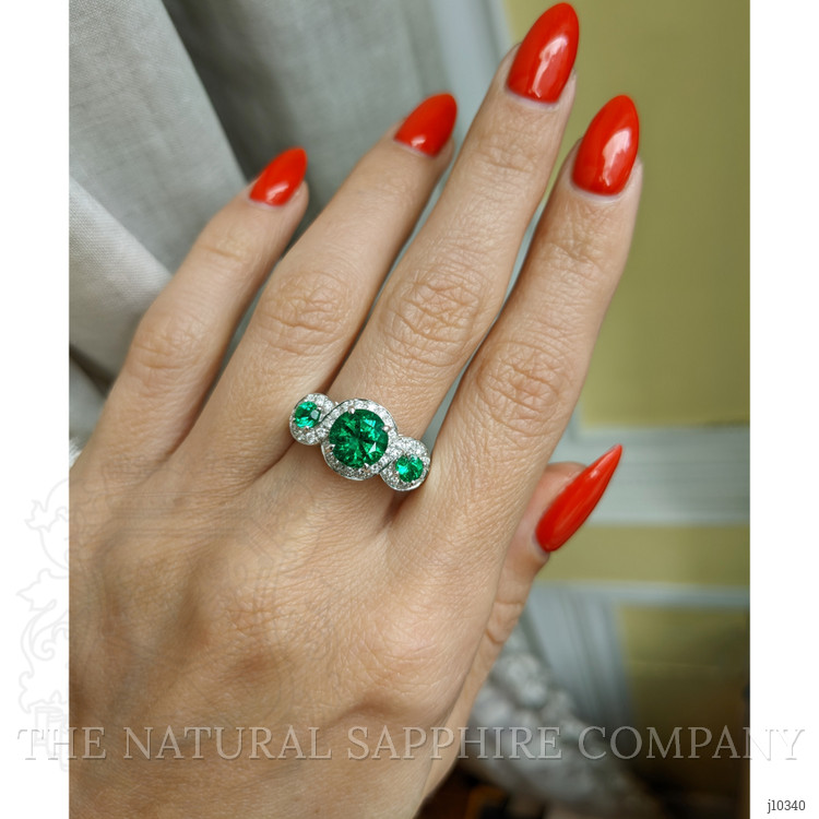 1.64 Ct. Emerald Emerald Three Stone Ring, 18K White Gold