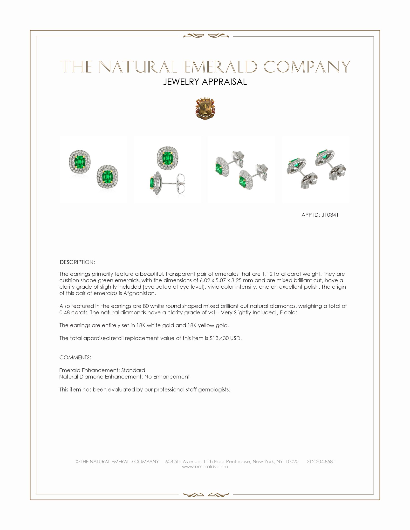 1.12 Ct.Tw. Emerald and Natural Diamond Studs Earrings, 18K White & Yellow