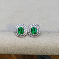 1.12 Ct.Tw. Emerald Natural Diamond Pave Earrings, 18K White & Yellow Life Style