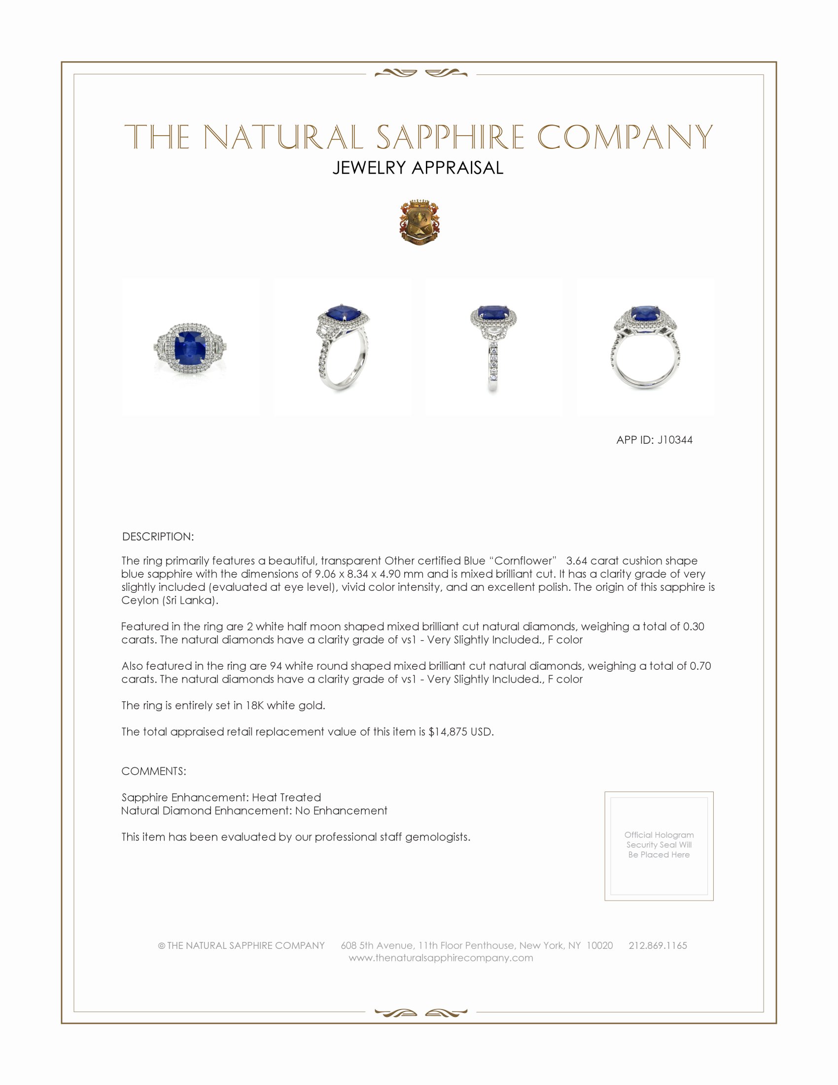 3.64 Ct. Blue Sapphire and Natural Diamond Three Stone Ring, 18K White Gold