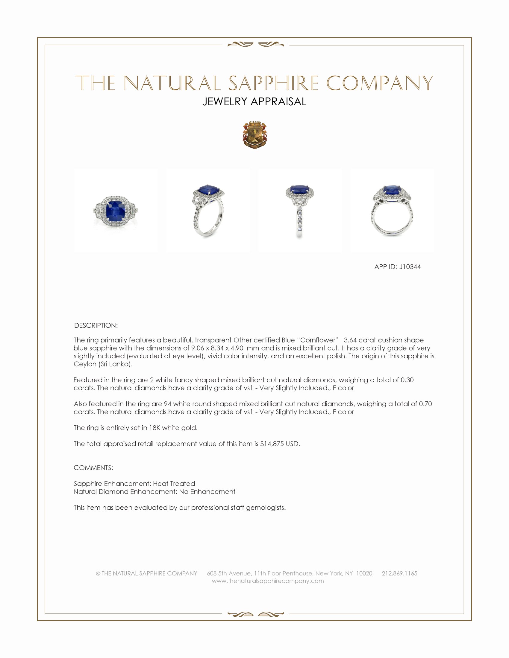 3.64 Ct. Blue Sapphire and Natural Diamond Three Stone Ring, 18K White Gold