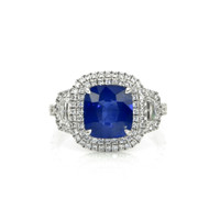 3.64 Ct. Blue Sapphire and Natural Diamond Three Stone Ring, 18K White Gold Video