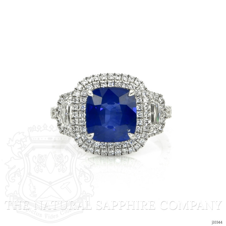 3.64 Ct. Blue Sapphire and Natural Diamond Three Stone Ring, 18K White Gold