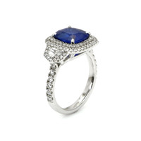 3.64 Ct. Blue Sapphire and Natural Diamond Three Stone Ring, 18K White Gold Image
