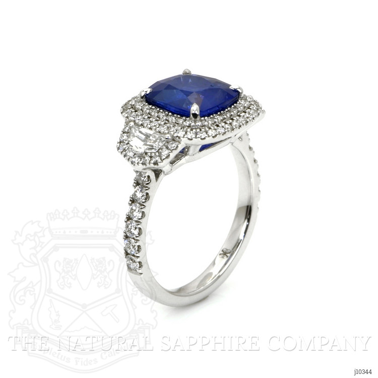 3.64 Ct. Blue Sapphire and Natural Diamond Three Stone Ring, 18K White Gold