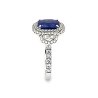 3.64 Ct. Blue Sapphire and Natural Diamond Three Stone Ring, 18K White Gold Image