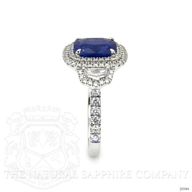 3.64 Ct. Blue Sapphire and Natural Diamond Three Stone Ring, 18K White Gold
