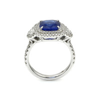 3.64 Ct. Blue Sapphire and Natural Diamond Three Stone Ring, 18K White Gold Image