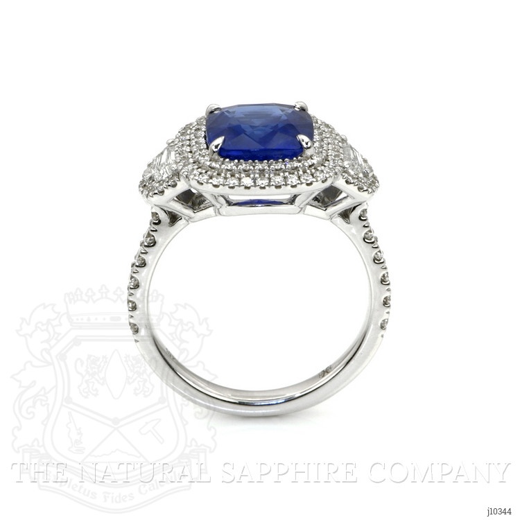 3.64 Ct. Blue Sapphire and Natural Diamond Three Stone Ring, 18K White Gold