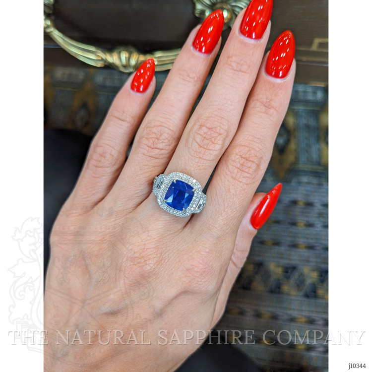 3.64 Ct. Blue Sapphire and Natural Diamond Three Stone Ring, 18K White Gold