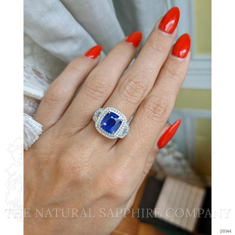 3.64 Ct. Blue Sapphire and Natural Diamond Three Stone Ring, 18K White Gold
