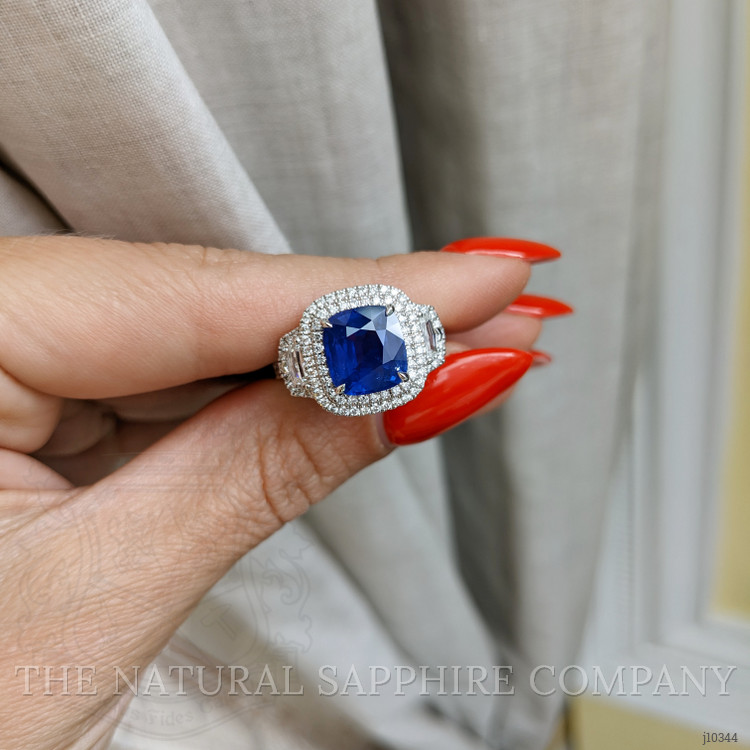 3.64 Ct. Blue Sapphire and Natural Diamond Three Stone Ring, 18K White Gold