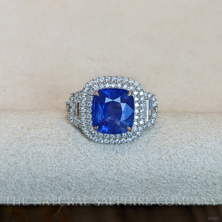 3.64 Ct. Blue Sapphire and Natural Diamond Three Stone Ring, 18K White Gold