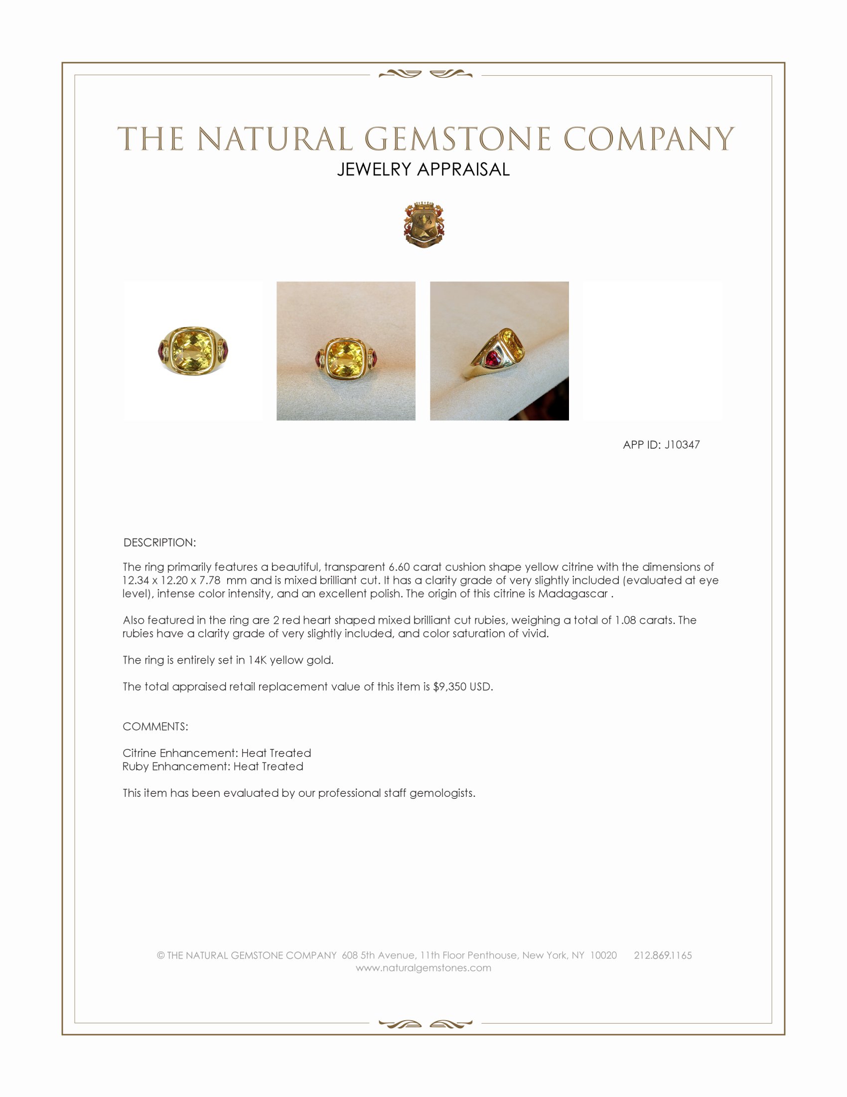6.60 Ct. Yellow Citrine and Ruby Three Stone Ring, 14K Yellow Gold
