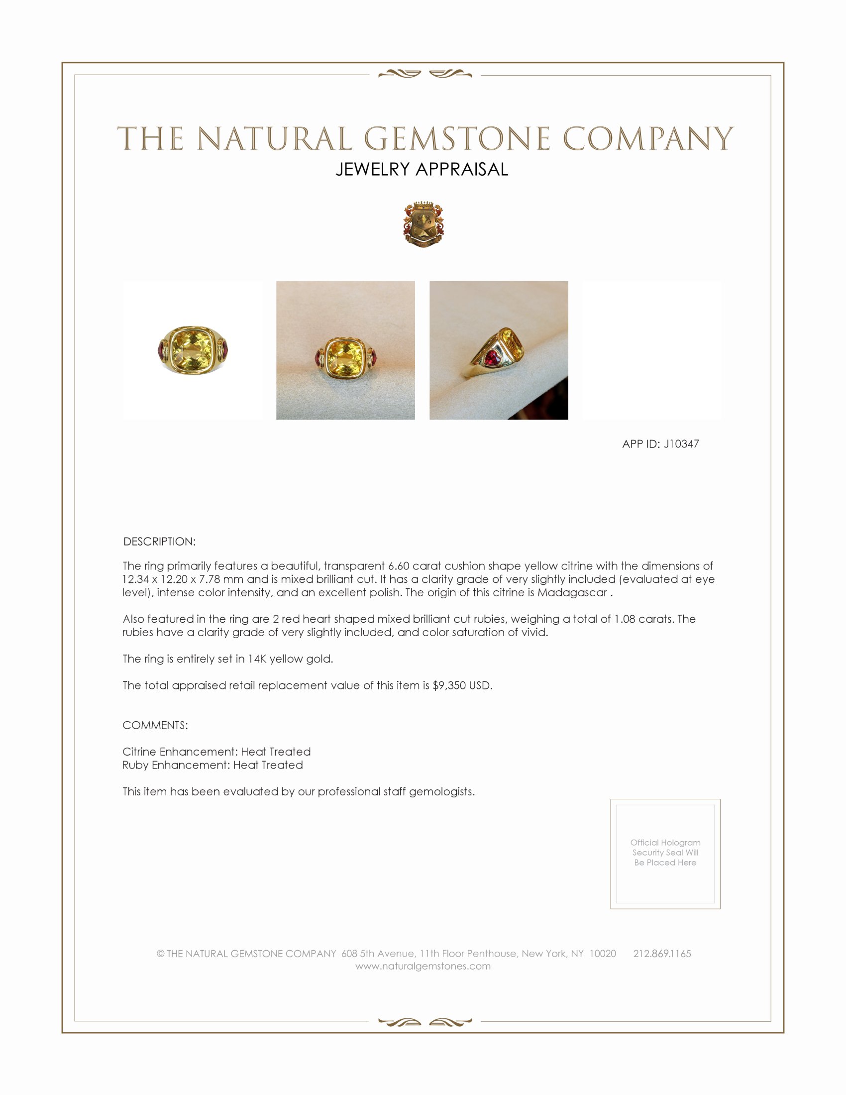 6.60 Ct. Yellow Citrine and Ruby Three Stone Ring, 14K Yellow Gold