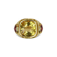 6.60 Ct. Yellow Citrine and Ruby Three Stone Ring, 14K Yellow Gold Image