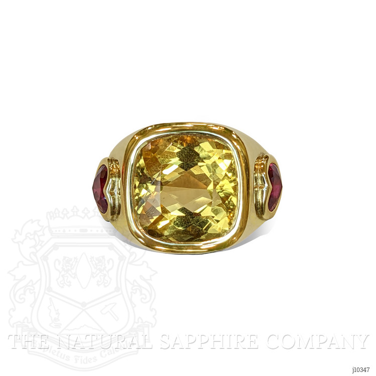 6.60 Ct. Yellow Citrine and Ruby Three Stone Ring, 14K Yellow Gold