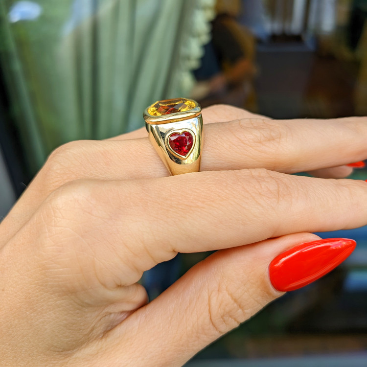 6.60 Ct. Citrine Ruby Three Stone Ring, 14K Yellow Gold