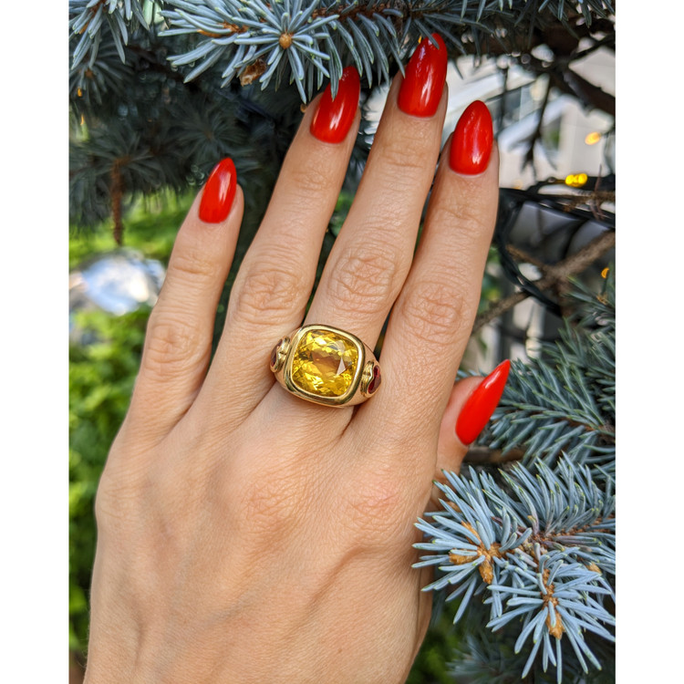 6.60 Ct. Citrine Ruby Three Stone Ring, 14K Yellow Gold
