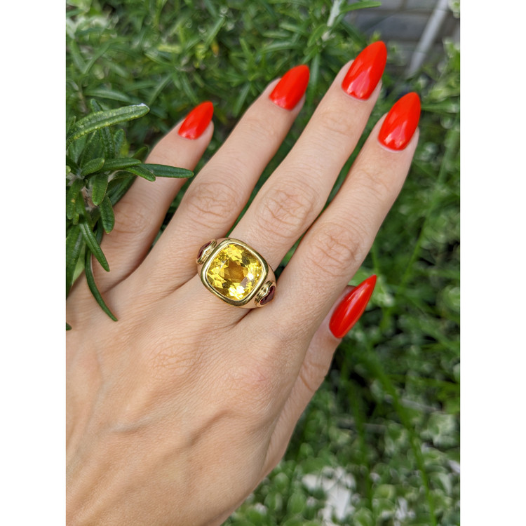 6.60 Ct. Citrine Ruby Three Stone Ring, 14K Yellow Gold