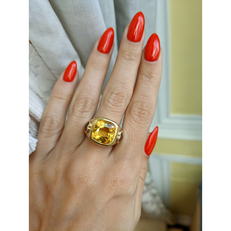 6.60 Ct. Citrine Ruby Three Stone Ring, 14K Yellow Gold
