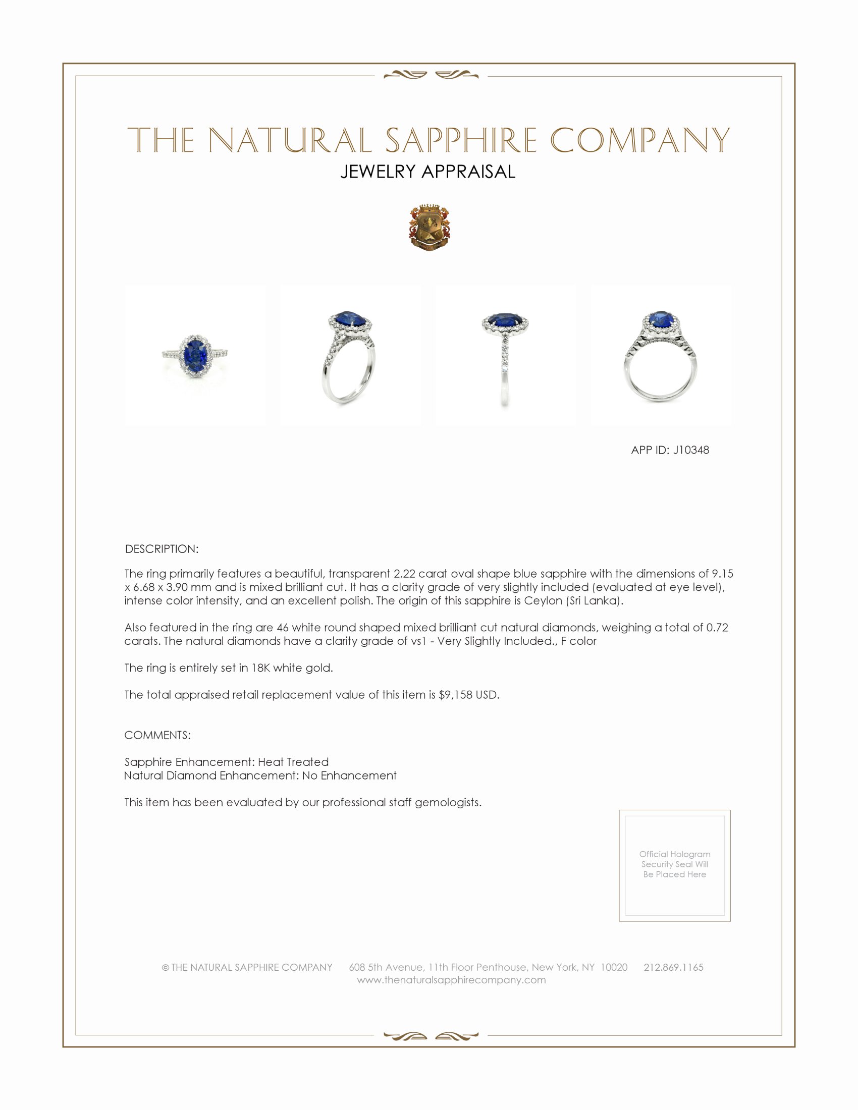 2.22 Ct. Blue Sapphire and Natural Diamond Pave Ring, 18K White Gold