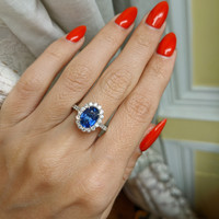 2.22 Ct. Blue Sapphire and Natural Diamond Pave Ring, 18K White Gold Life Style