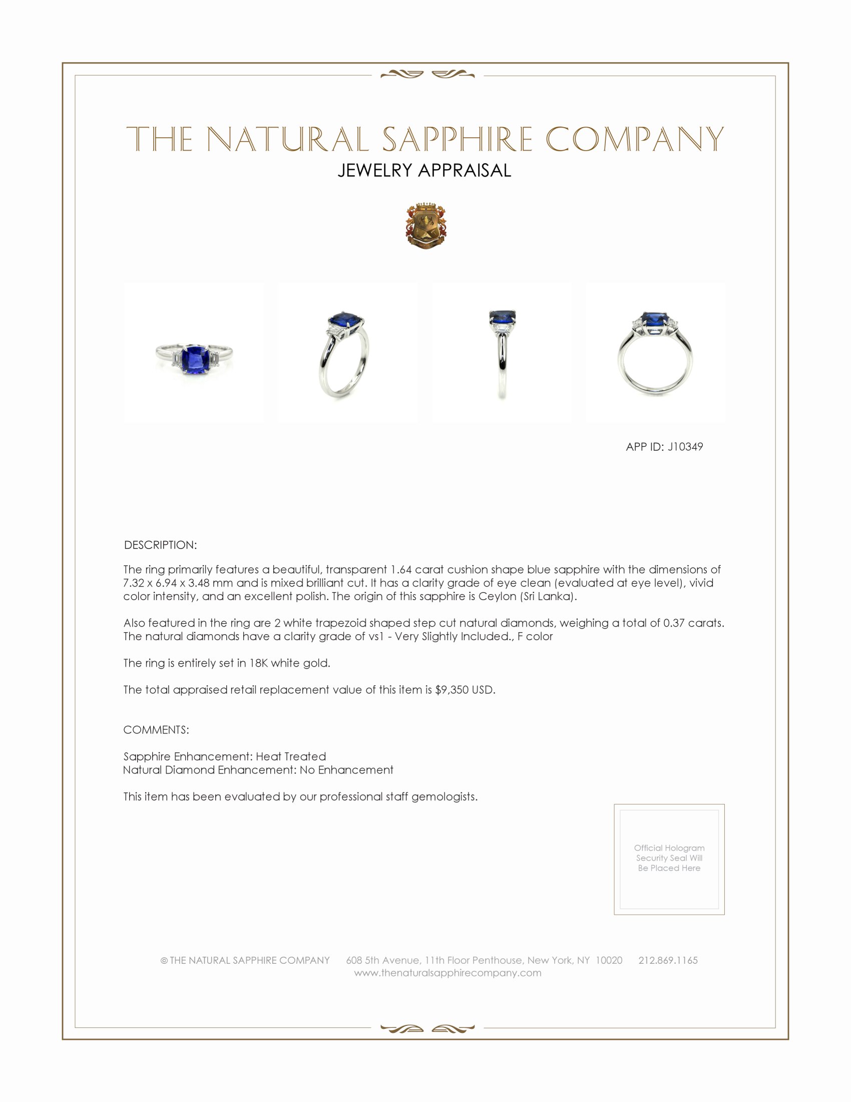 1.64 Ct. Blue Sapphire and Natural Diamond Three Stone Ring, 18K White Gold