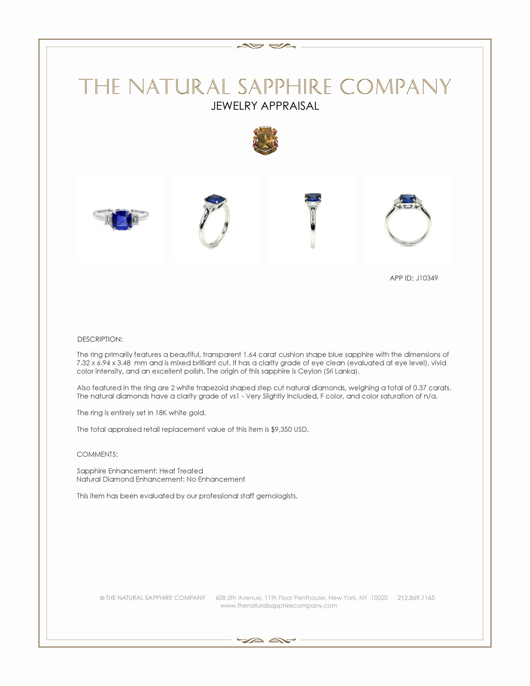 1.64 Ct. Blue Sapphire and Natural Diamond Three Stone Ring, 18K White Gold